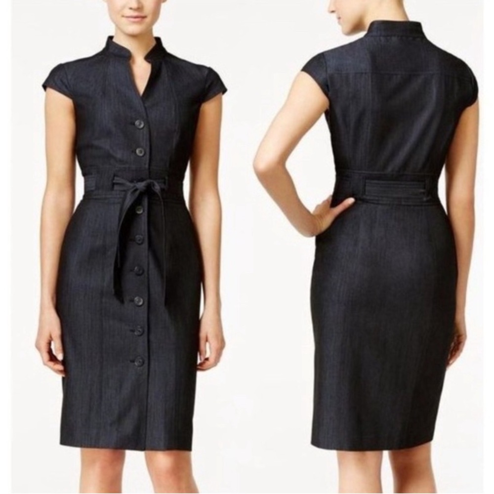 Calvin Klein 8 Charcoal Grey Button Front Tie Waist Cap Sleeve Sheath Dress